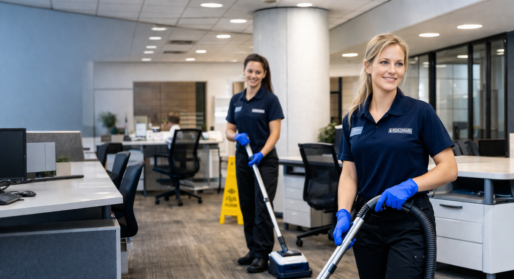 Benchmark Commercial Cleaning team disinfecting a modern office in Northern Nevada